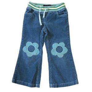 Mini Boden blue corduroy pull on flare pants with flower knees